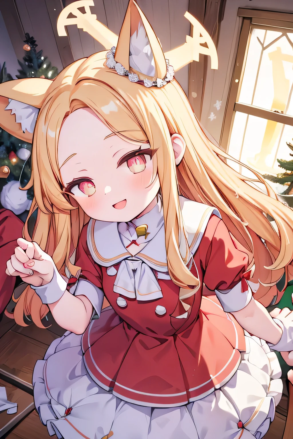 animal ear, halo on head, wearing christmas dress, inside abandoned house, masterpiece, upper face camera, smile open mouth, christmas tree, wearing red dress, kissing pose, holding man hand, man with girl, 1male, hold hand