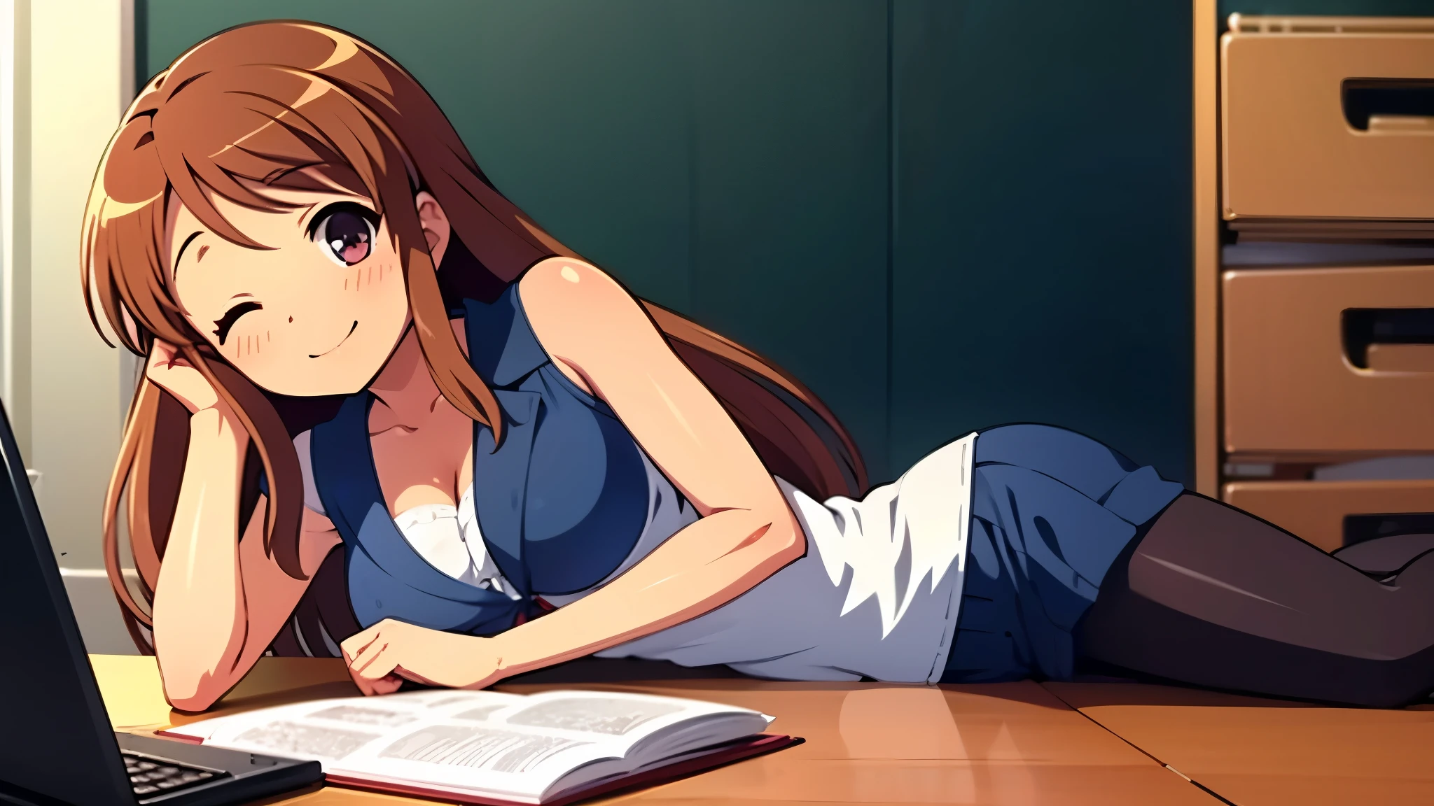 indoor, 1 female, inside office, wearing dark navy blue office lardy, busty suit, black pumps, black pantyhose, lie on one’s stomach, one eye closed, smile, blush, break , break anime style, 8k, best quality, masterpiece, ultra high res, high nose1:3,