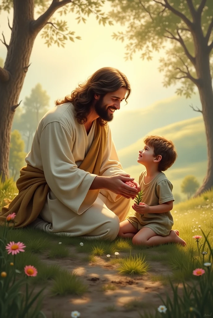 far away in the field under a tree sit Jesus and the children and next to them a flock of sheep