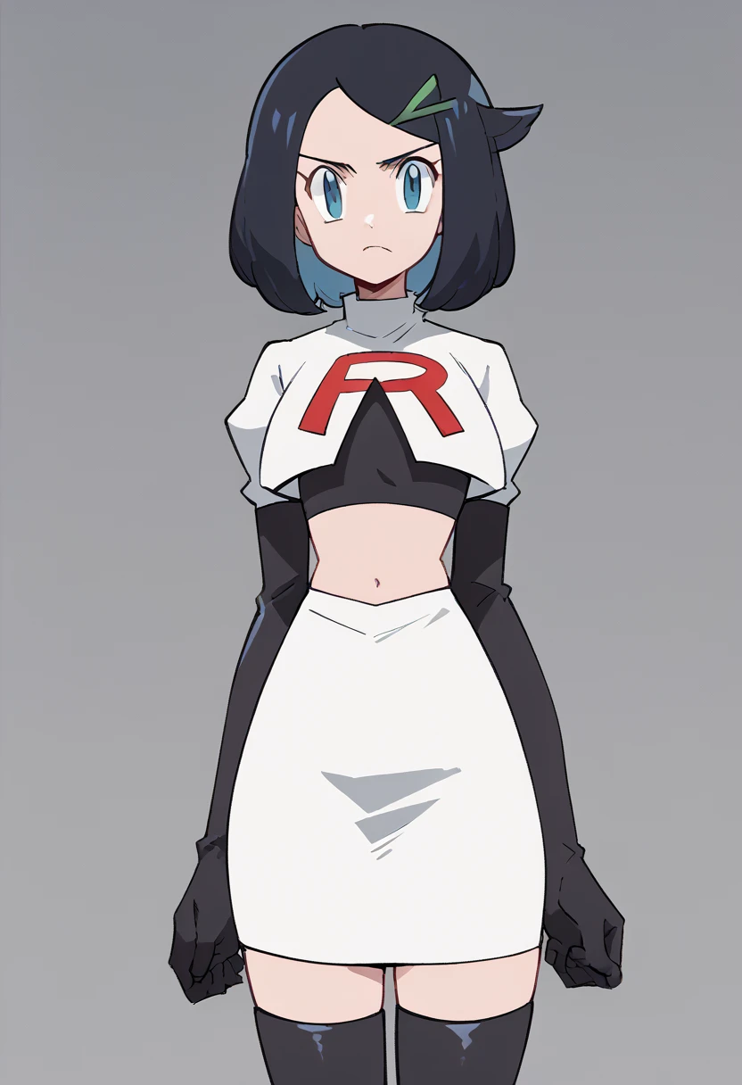 score_9, score_8_up, score_7_up, score_6_up, BREAK, 1girl, solo, liko, hairclip, cowboy shot, looking at viewer, team rocket,team rocket uniform,white skirt,red letter R,crop top,black thigh-highs,black elbow gloves