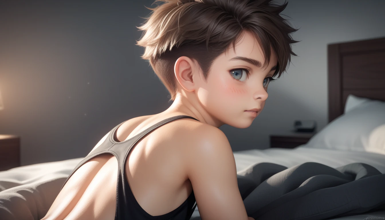 Two handsome kiid little young boy 5yr,SHOTA,delicious expression,blush,messy short hair,blond hair and brown hair,from behind,in bedroom,kiid face,wearing black singlet,wearing shirt,hugged,fullbody,hd,4k,8k,dynamics lighting,perfect lighting,realistic,hd,4k,8k,dynamics lighting,perfect lighting,realistic,16k,hd lighting,realistic lighting,perfect shadows,realistic shadows,super realistic,hyper realistic,perfect face