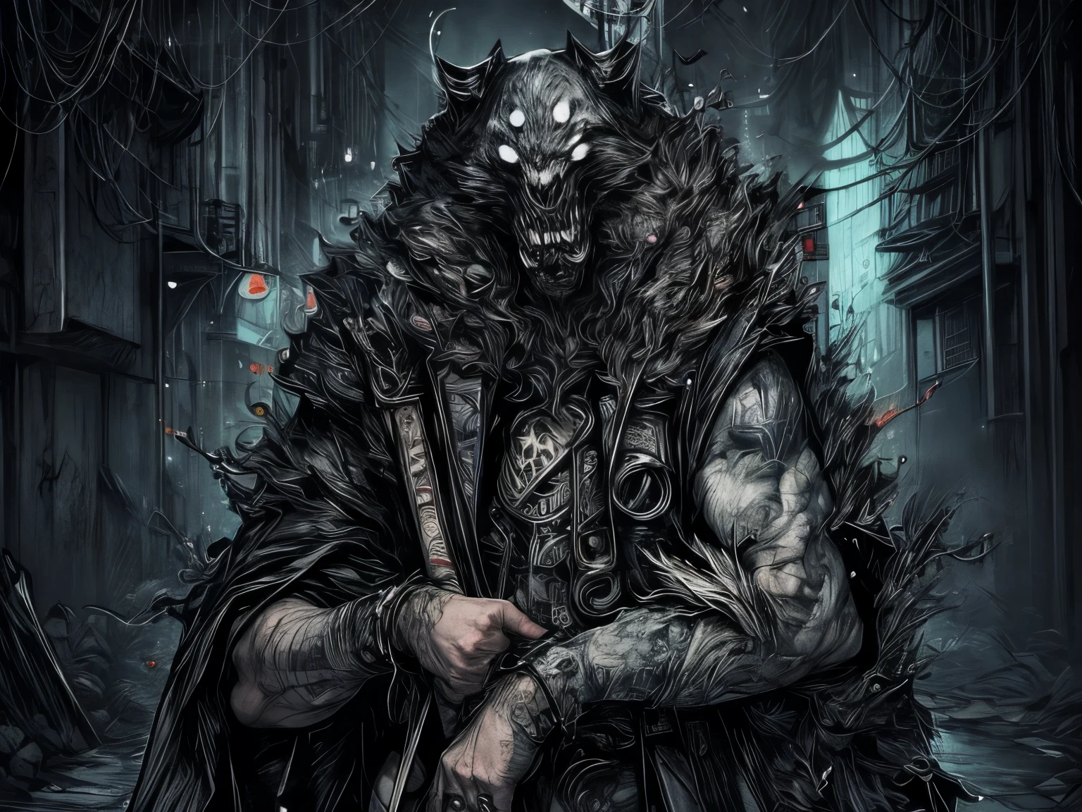 Concept Art Cult Leader:
Appearance: Imposing, covered in tattoos and scars, wears a cloak made of animal skins, face obscured by a bone mask.
Background: Leader of the cult, cruel and ruthless, believes in an apocalyptic vision.