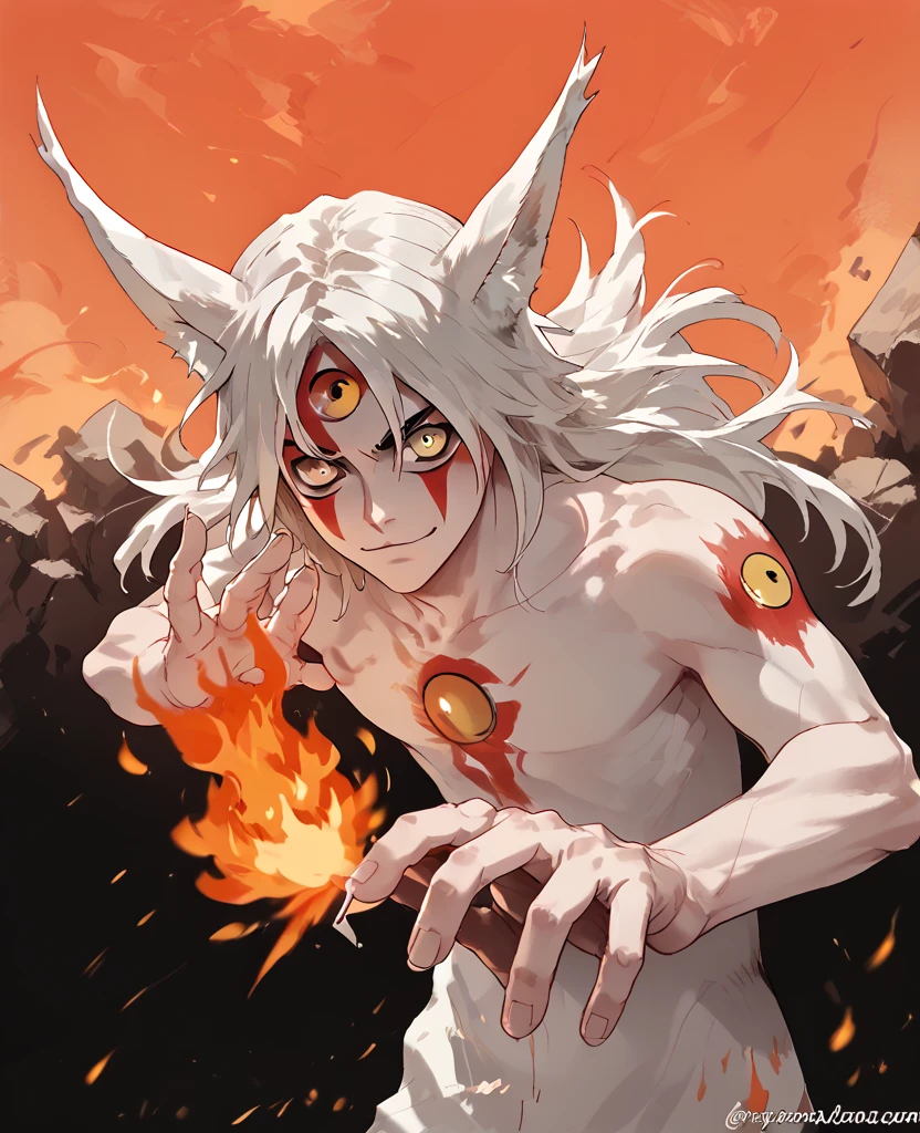 man, fire hair, white skin, red face paint, anime style, fire, yellow eyes, white hair, third eye on forehead, smile, cat eyes, fire in hands, natural skin, strong, orange sky, white fox ears, soil,