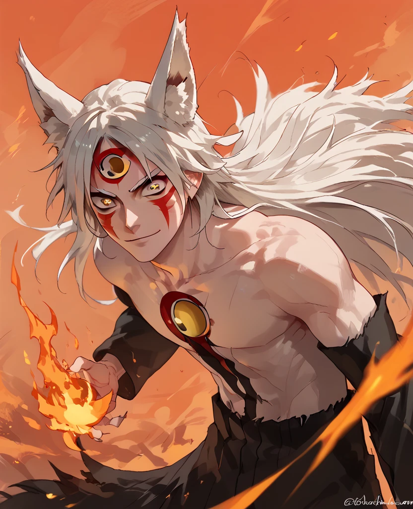 man, fire hair, white skin, red face paint, anime style, fire, yellow eyes, white hair, third eye on forehead, smile, cat eyes, fighter, natural skin, kitsune, strong, orange sky, white fox ears, solo,