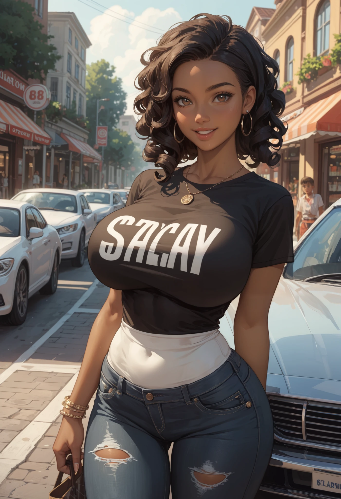 masterpiece, best quality, extreme Detail, Young woman stands alone in a car repair shop, Young woman wears a black t-shirt that does not cover the bottom of her breasts, Young woman wears torn black jeans, Young woman has extremely huge breasts, (90H) ( wide hips ), Young woman is slim, (voluptuous figure) Young woman looks at the viewer, Young woman looks proud and flirtatious, Young woman looks playful and excited , beautiful African young woman with dark skin, Young woman has wild, long curly black hair, Young woman has light brown eyes,