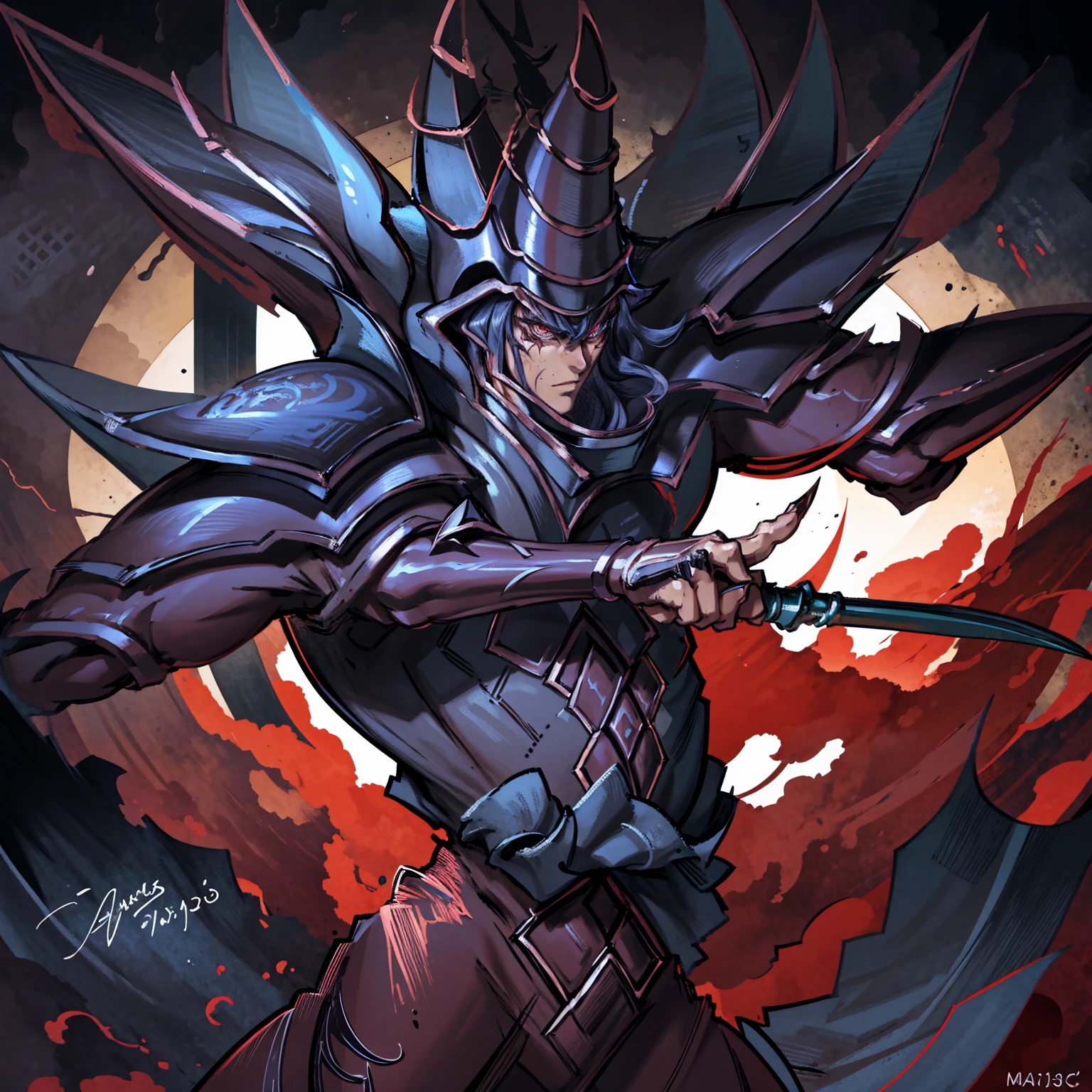 Red body,Blue hood,Slender and huge muscles,armor,Ready your spear,bulging muscles,Evil atmosphere