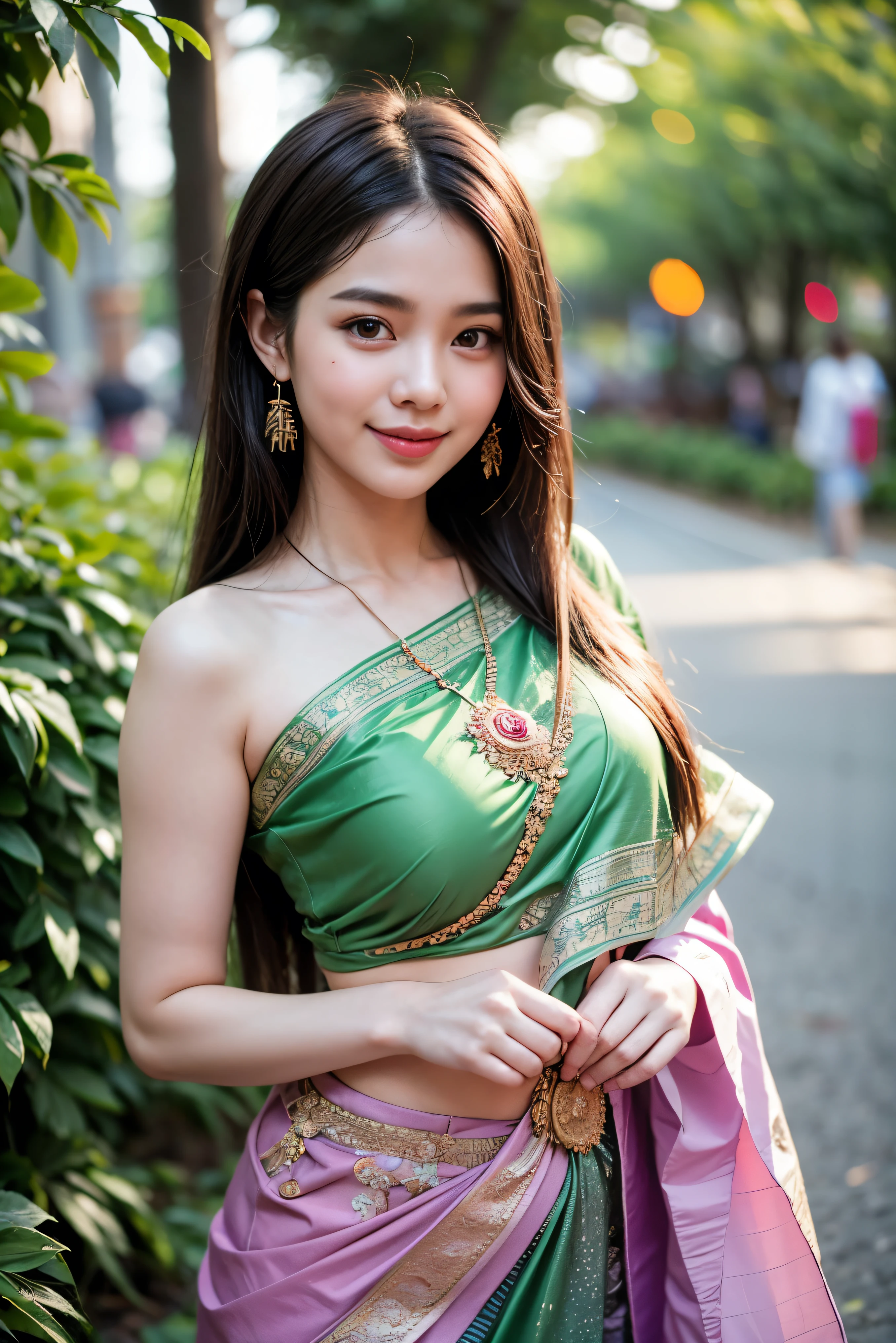 8K, ultra high detailed, an thai girl, cute face, happy, long hair, impressive hairstyle, detailed eyes, detailed lips, indian clothes, saree, green saree, lace, wearing jewellery, nature background, flowers, afternoon, shadow, clear weather, whole body capture, cute smile, nsfw