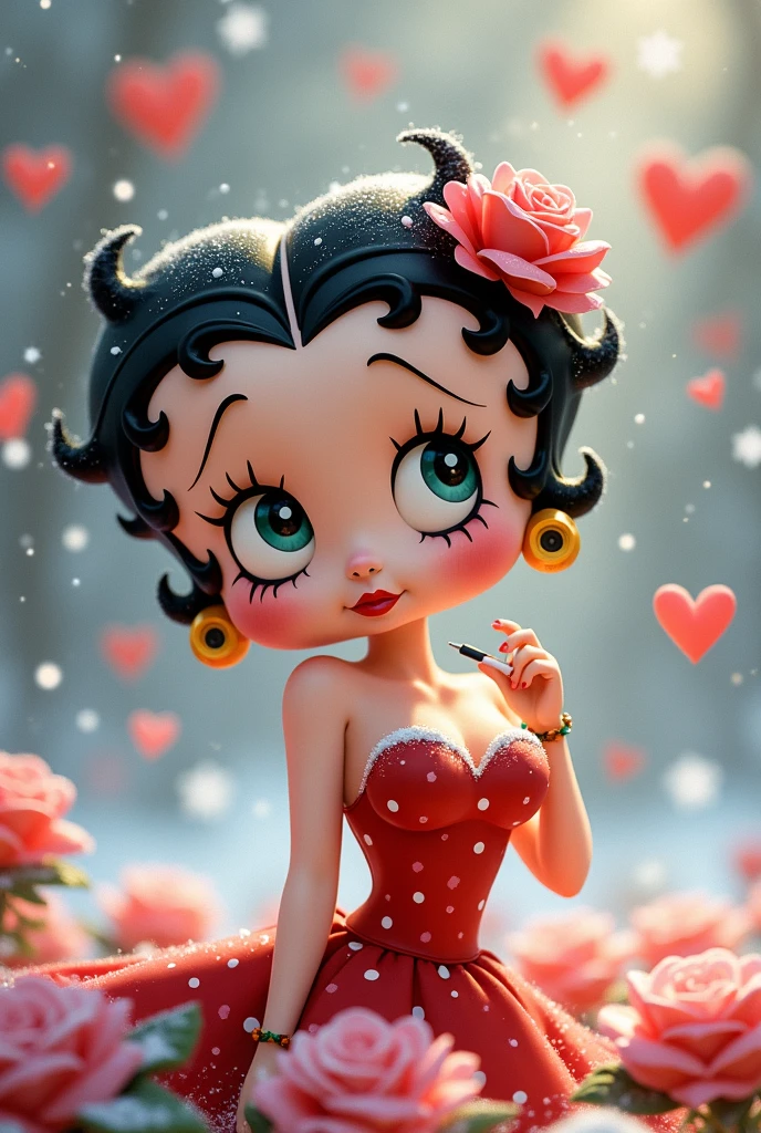 Betty Boop style light coco skin 30 years old with blue eyes with curly hair rose background , in a brightly lit bedroom, Fun, Whimsical, Childlike, high energy, Cartoonish, Comic book style, Art by jim lee, Skottie Young, and art adams, Digitally painted, trending on artstation, against a studio backdrop of embossed flowers, with dramatic lighting, glossy finish, high fashion, beauty shot, art by patrick demarchelier, irving penn, nick knight, Highly detailed, Intricate, Sharp focus, trending on vogue, elle, and harper's bazaar