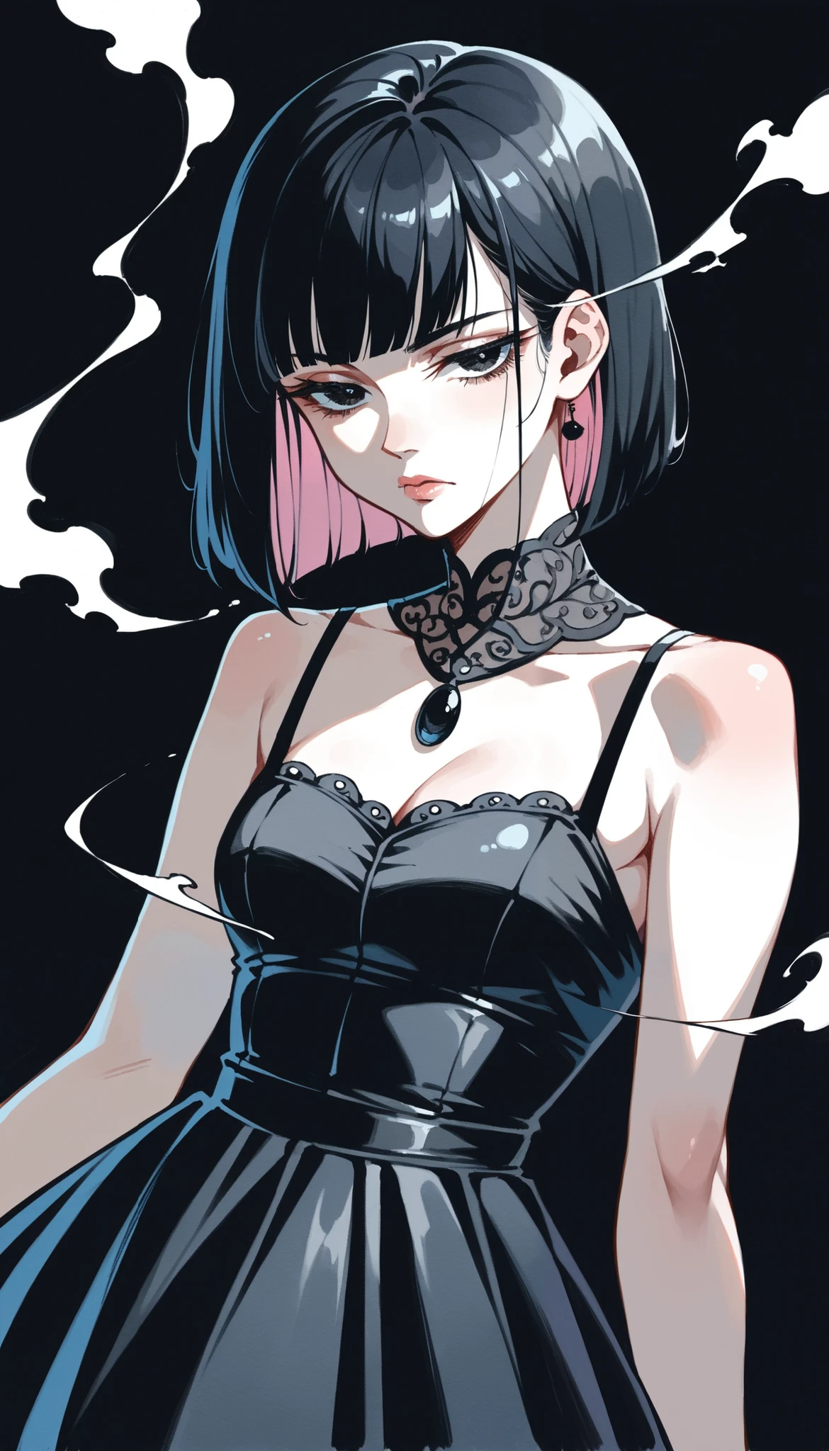 1girl, Alone, Viewer,  simple background ,  black background, Lazy, Half-closed eyes, Smoky Eyes,  dyed black hair,  black eyes,  black pupils , serious,  gothic style dress ,  dark circles, From the back,  open skirt , Lips, compensate, nylon, nylon 连衣裙,style: midjourney, watercolor (medium)