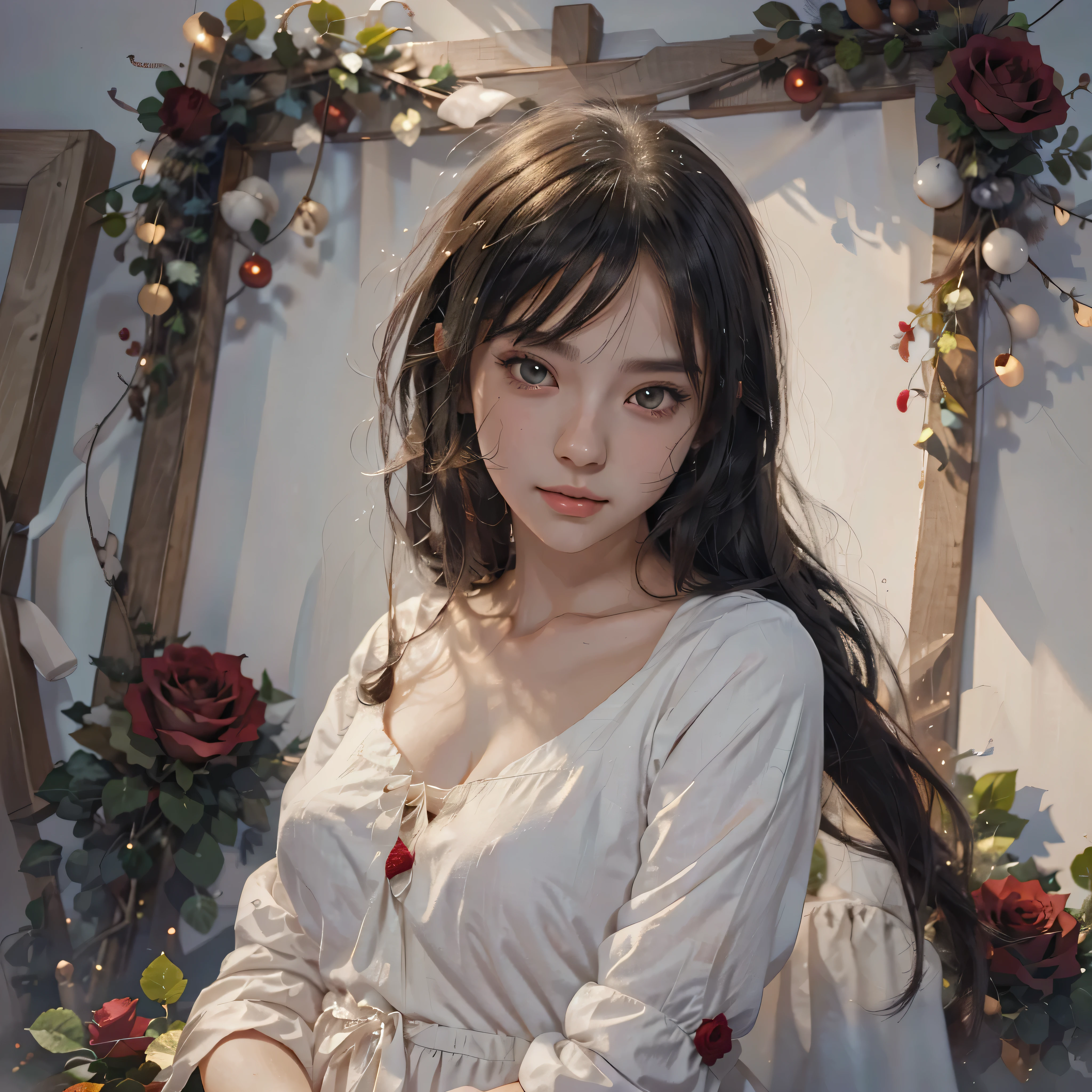 Anime girl with long black hair and a white dress with red roses, Gwaiz, Gwaiz on pixiv artstation,  detailed digital animation art, beautiful anime girl, Gwaiz on artstation pixiv, Anime Style 4k, everyone, beautiful anime portrait,  detailed portrait of an anime girl ,  BEAUTIFUL ANIME WOMEN ,  Detailed Anime Art 