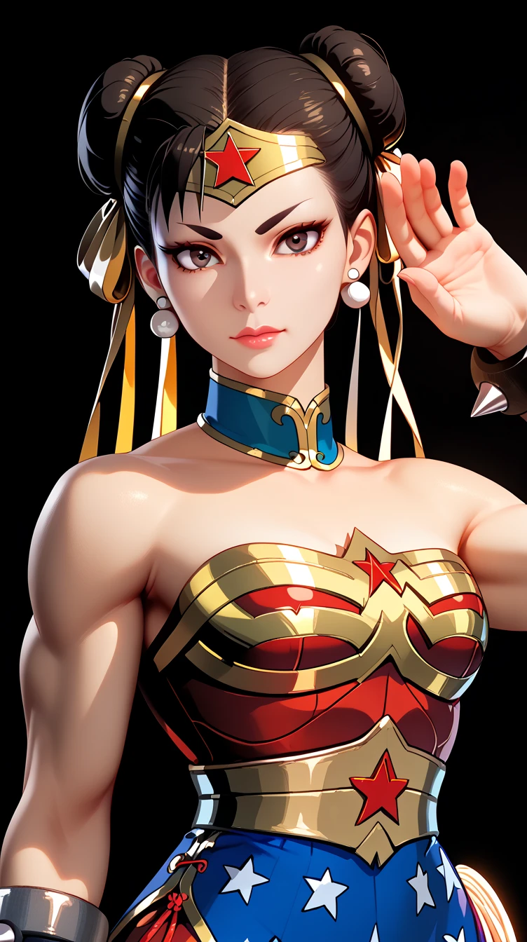 score_9, masterpiece, high quality, (Chun-li fusion merged With Wonder Woman), sexy body, smooth skin, metropolitan scene, dynamic pose, combined outfits, (8K), (Dramatic Lighting), half body photo, Expressiveh