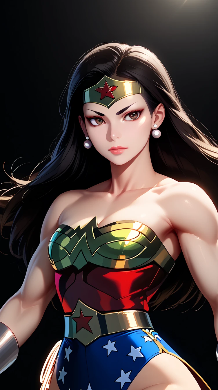 score_9, masterpiece, high quality, (Chun-li fusion merged With Wonder Woman), sexy body, smooth skin, metropolitan scene, dynamic pose, combined outfits, (8K), (Dramatic Lighting), half body photo, Expressiveh