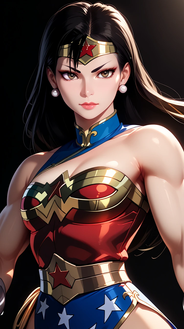 score_9, masterpiece, high quality, (Chun-li fusion merged With Wonder Woman), sexy body, smooth skin, metropolitan scene, dynamic pose, combined outfits, (8K), (Dramatic Lighting), half body photo, Expressiveh