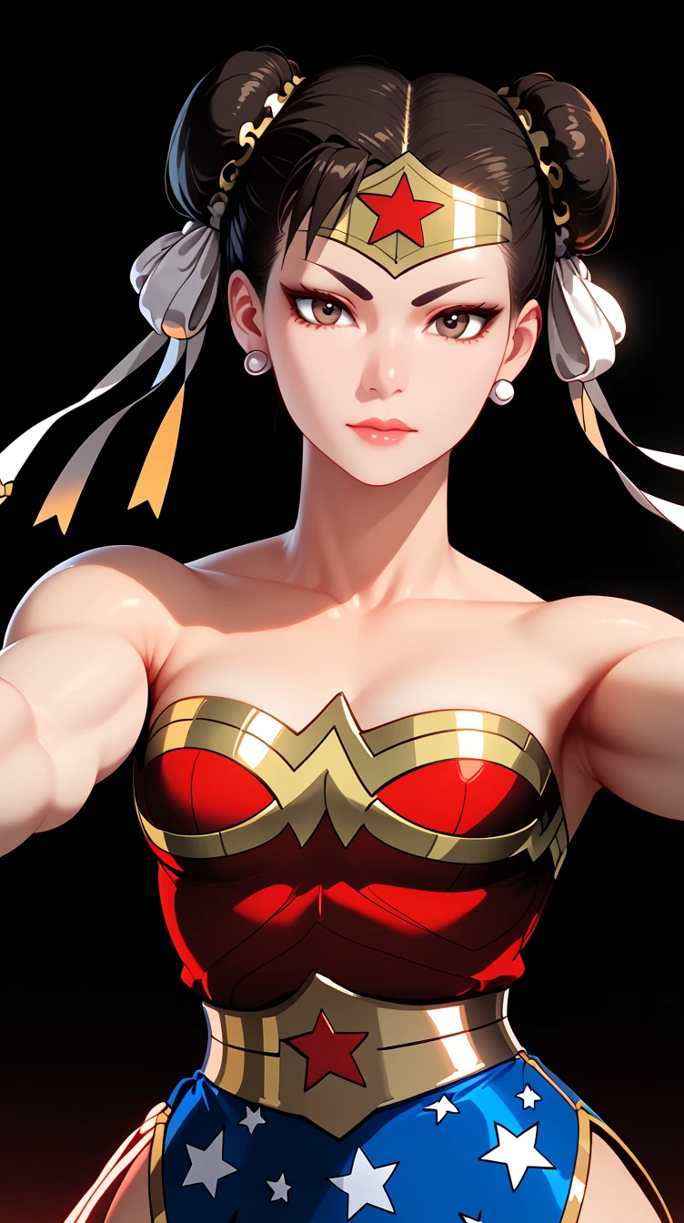 score_9, masterpiece, high quality, (Chun-li fusion merged With Wonder Woman), sexy body, smooth skin, metropolitan scene, dynamic pose, combined outfits, (8K), (Dramatic Lighting), half body photo, Expressiveh