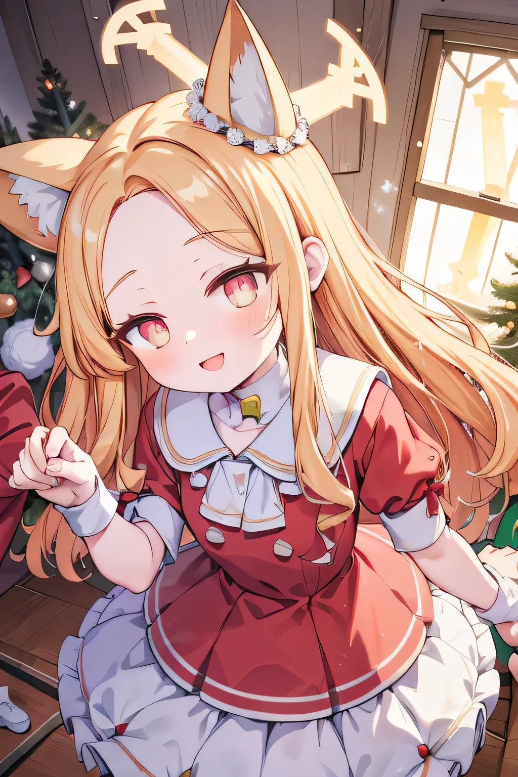 animal ear, halo on head, wearing christmas dress, inside abandoned house, masterpiece, upper face camera, smile open mouth, christmas tree, wearing red dress, kissing pose, holding man hand, man with girl, 1male, hold hand