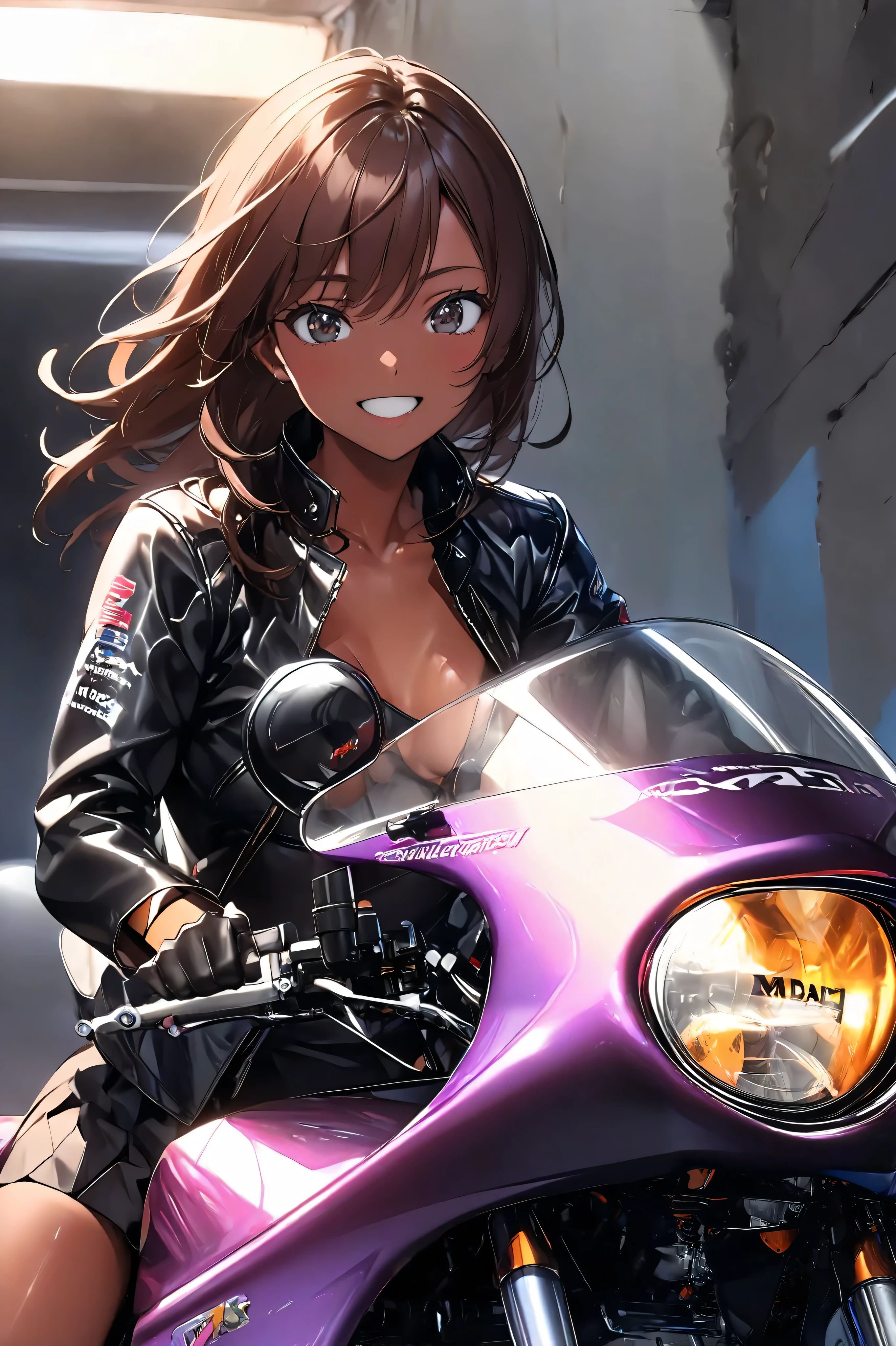 1 high school girl rides a motorcycle tuned to Honda CBX400F cafe racer specifications, a separate handlebars, rocket cowl, サンタクロースドレス、クリスマス、 glossy brown skin, small breasts, video,   inviting ,  top quality ,  leather gloves
