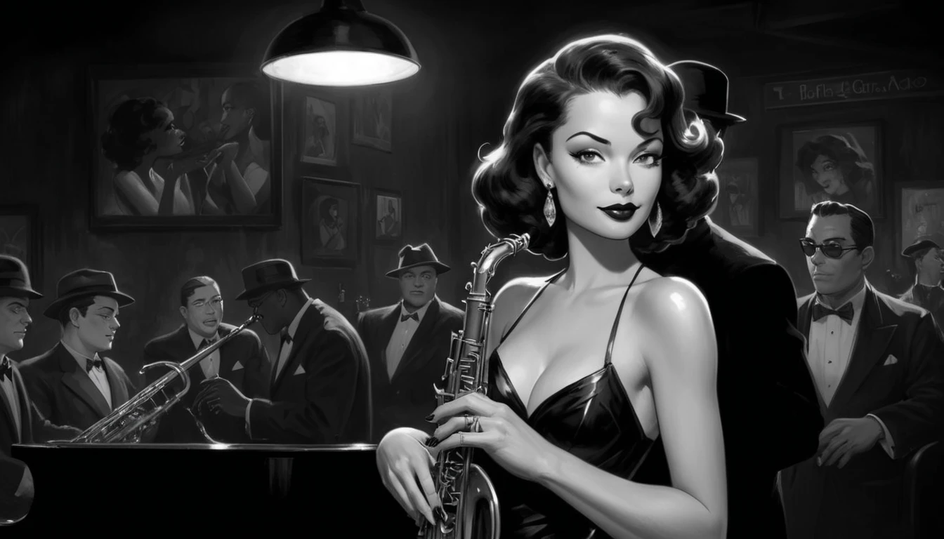 robert johnson, gritty, alabama bar, blue note, charismatic , green dress, illustration, noir fantasy, lone canadian lady, happy ending, saxophonist
