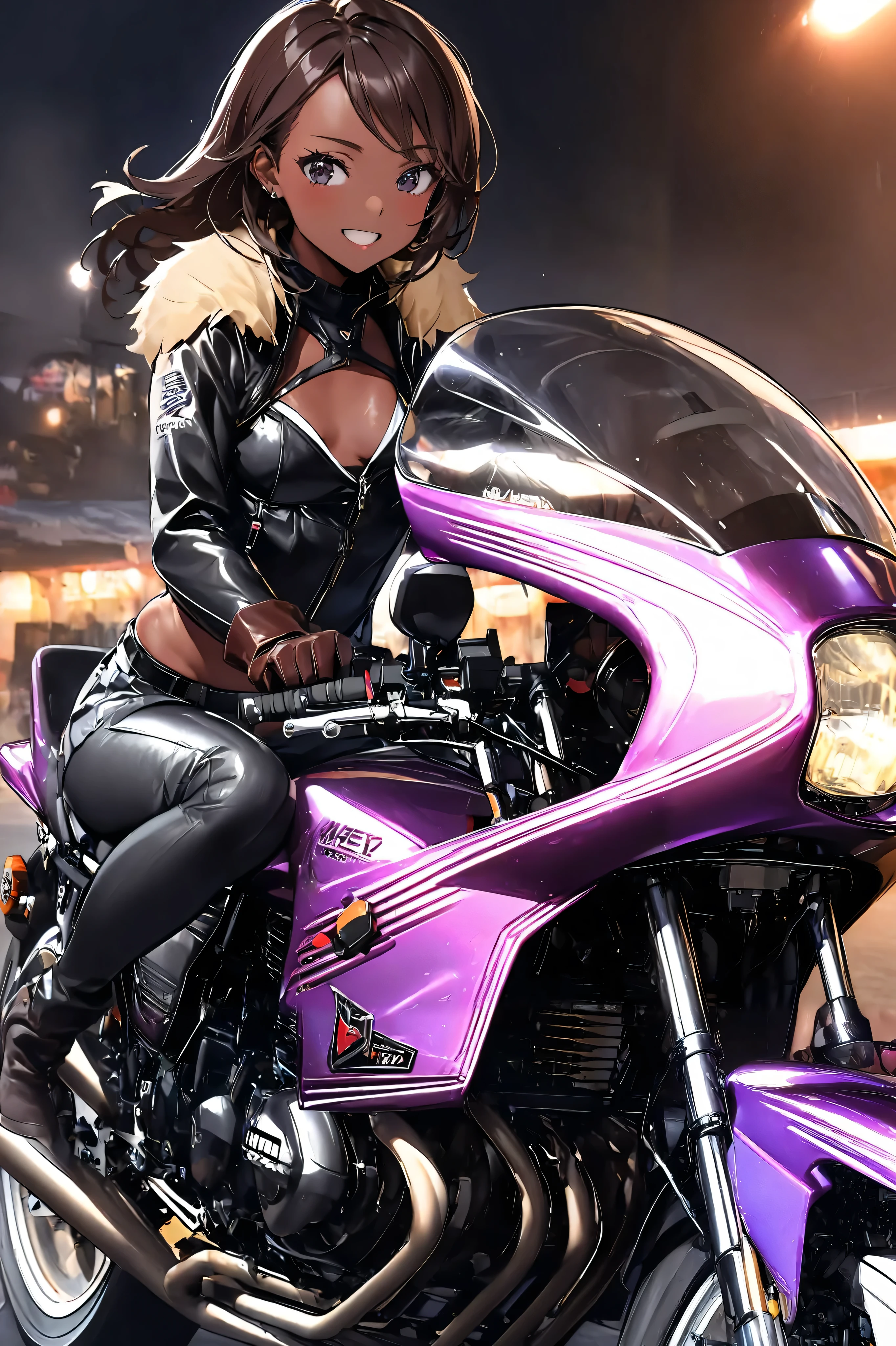 A cute girl with brown skin, sexy body, wavy purple hair [with shades of black], golden eyes (shiny), ultra realistic eyes, smiling, sitting on a motorcycle, Japanese clothes, Sexy Bikini, S, round face, realistic lighting, Radiosity, Close UP.