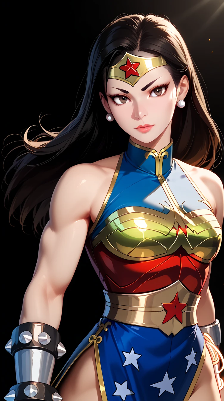 score_9, masterpiece, high quality, (Chun-li fusion merged With Wonder Woman), sexy body, smooth skin, metropolitan scene, dynamic pose, combined outfits, (8K), (Dramatic Lighting), half body photo, Expressiveh