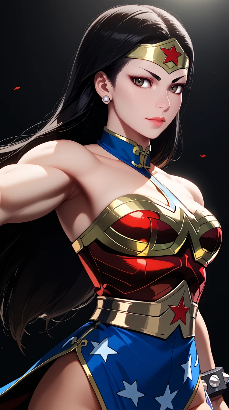 score_9, masterpiece, high quality, (Chun-li fusion merged With Wonder Woman), sexy body, smooth skin, metropolitan scene, dynamic pose, combined outfits, (8K), (Dramatic Lighting), half body photo, Expressiveh