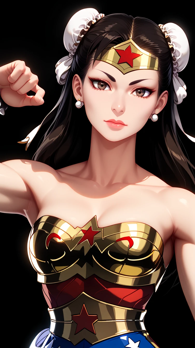 score_9, masterpiece, high quality, (Chun-li fusion merged With Wonder Woman), sexy body, smooth skin, metropolitan scene, dynamic pose, combined outfits, (8K), (Dramatic Lighting), half body photo, Expressiveh