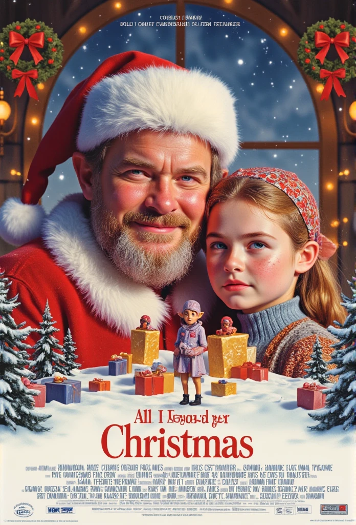 Hallmark movie poster for a movie called "All I want for Christmas is you" with santa and an elf