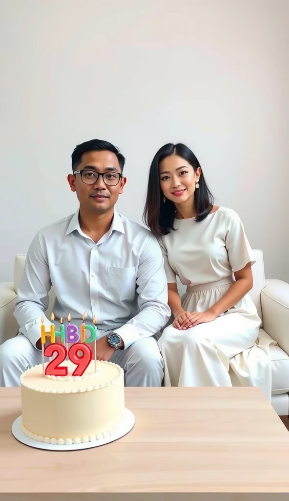 Here’s the clarified prompt:

**"A scene featuring an Indonesian man, aged 34, with short hair, wearing a white shirt and white pants, transparent prescription glasses, looking directly at the camera in a front view. Beside him is a Chinese woman, aged 25, with shoulder-length hair, fair skin, and a beautiful face resembling a famous actress. She is dressed in all white, including a knee-length white skirt.

They are sitting side by side on a white sofa in an all-white room. In front of them is a cream-colored wooden table with a birthday cake on it. The cake has lit candles with the number '29' clearly written above the letters 'HBD'. Both 'HBD' and '29' are visible and prominently displayed."**

