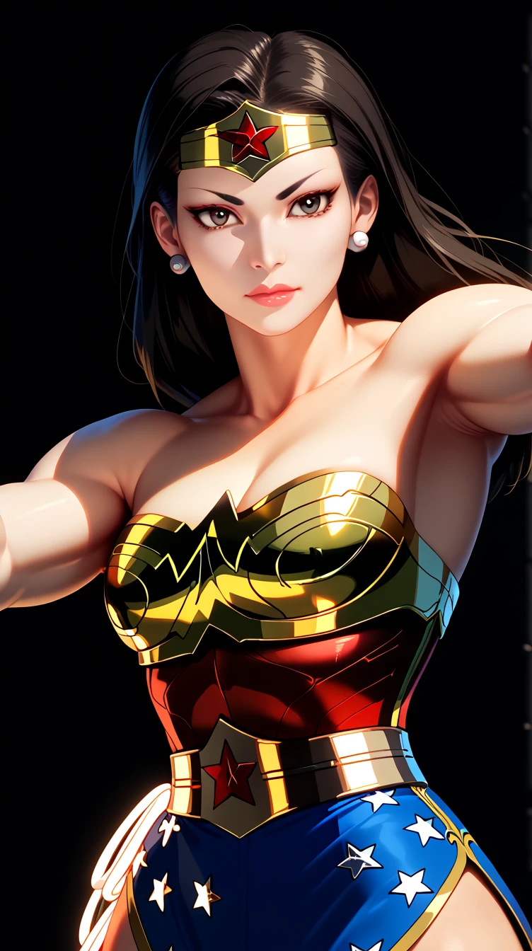 score_9, masterpiece, high quality, (Chun-li fusion merged With Wonder Woman), sexy body, smooth skin, metropolitan scene, dynamic pose, combined outfits, (8K), (Dramatic Lighting), half body photo, Expressiveh