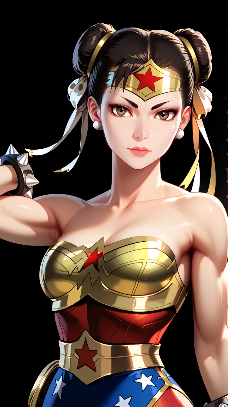 score_9, masterpiece, high quality, (Chun-li fusion merged With Wonder Woman), sexy body, smooth skin, metropolitan scene, dynamic pose, combined outfits, (8K), (Dramatic Lighting), half body photo, Expressiveh