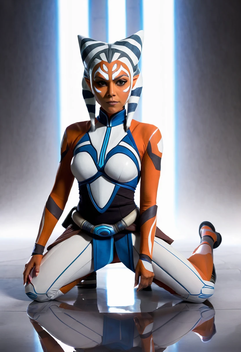 (Ahsoka Tano, sexy, seductive, beautiful, detailed eyes, detailed lips, detailed face, long eyelashes, slender figure, tight bodysuit, revealing outfit, graceful pose, dynamic action, vibrant colors, cinematic lighting, concept art, digital art, hyper realistic, 8K, high quality, masterpiece), (((visible anus))), big boobs