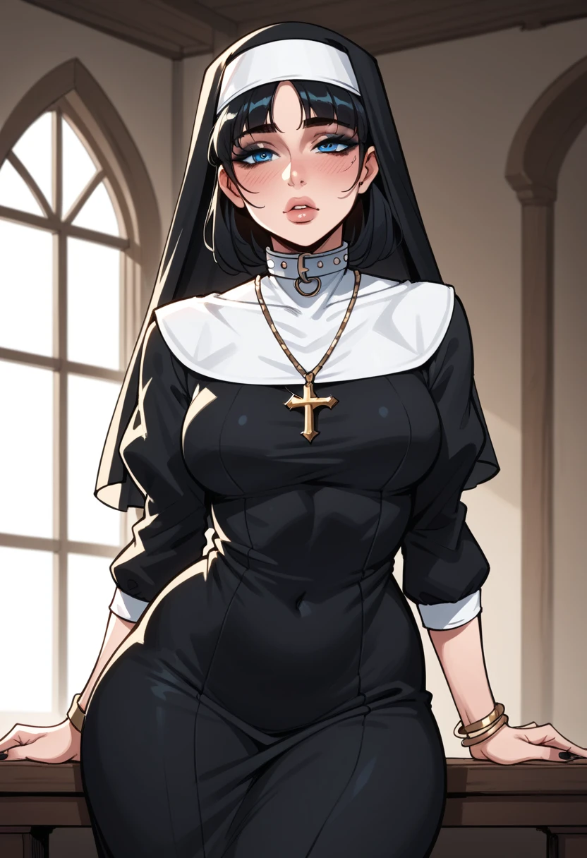   Incredible photo of a sexy woman with long black hair,  fair skin , straight hair with bangs ,seductive look,  Blue Eyes,soft lips,   blushing intensely  , sexy nun costume ,collar, bracelets,,medium chest,   perfect body,  relaxed,makeup, thick thighs  , alone, standing on a table, pose sexy, Provocative perfect anatomy 