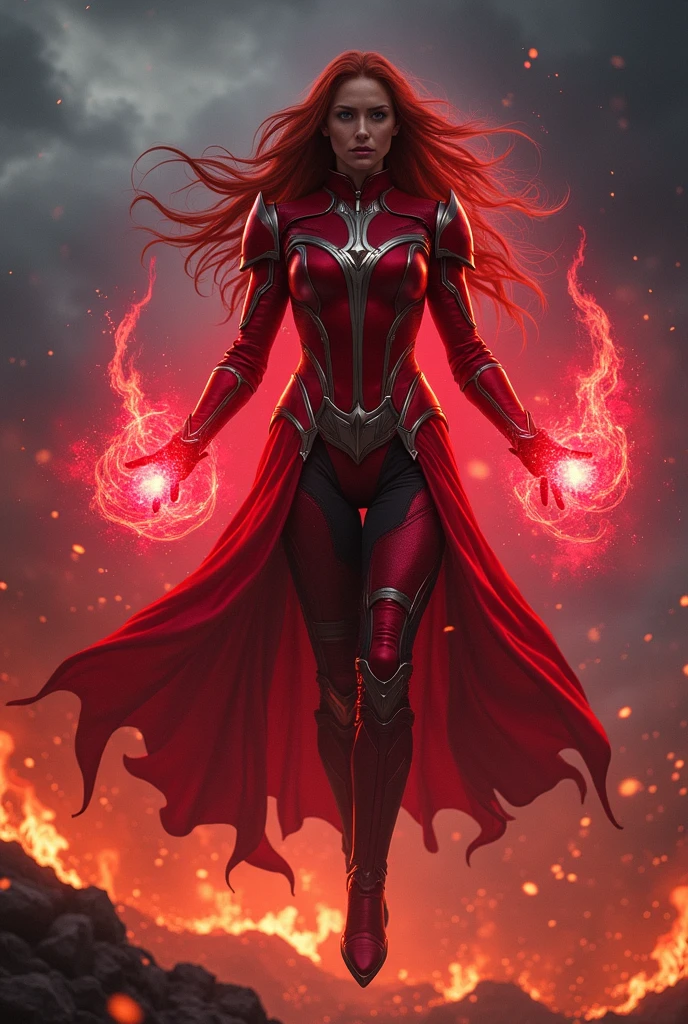 Masterpice, the nefarious, gorgeous, redhead Female Supervillain Queen in (the City Center), (blown away heavy metal hairstyle), well designed costume, showing off power, thunder and lightning, powerfull orb of power, detailed face, detailed body, detailed hair, perfect anatomy, insanely detailed and intricate, ultra sharp focus, ultra high definition, cinematic, volumetric lighting, professional color grading, Art by ArtGerm, Greg Rutkowski