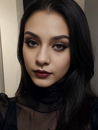 ((ultra realista), ((obra maestra)), ((detallado)), cara perfecta, ojos perfectos, 20 years, chica delgada, labios grandes, grandes ojos negros, ojos perfectos, detallado eyes, Luz natural, noche, gran culo, medio , escote, vistiendo un bonito top, posar como supermodelo, session, pelos cortos, pelos negros y magenta, creativo, bun-head hair style, sombras en el cuerpo, cinematic lights, g string, Gothic lingerie, medias de red, micro