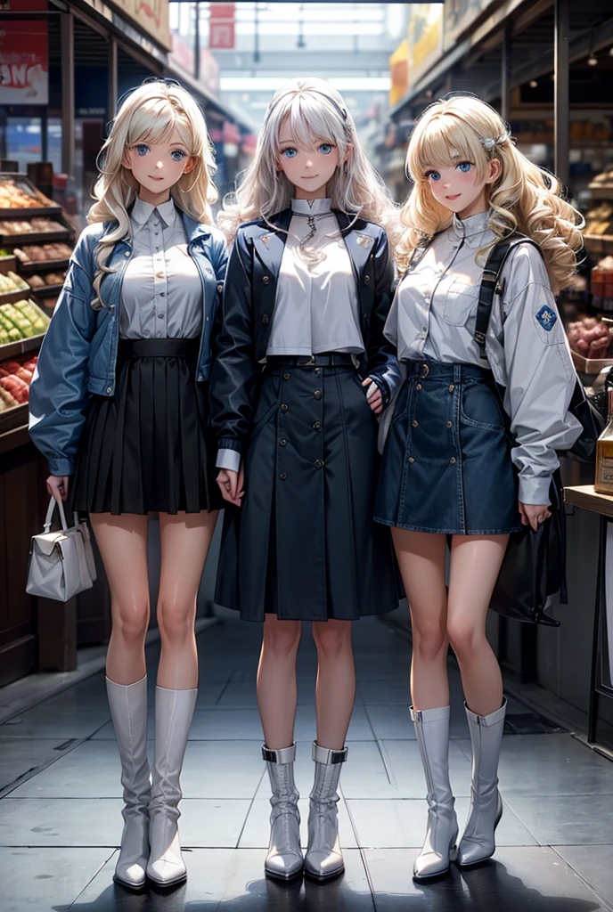 My three sisters maid girls, all 20 years old, platinum blonde curly hair, blue eyes, white croptop, blue jacket , white bag, white boots, smile, in the mart