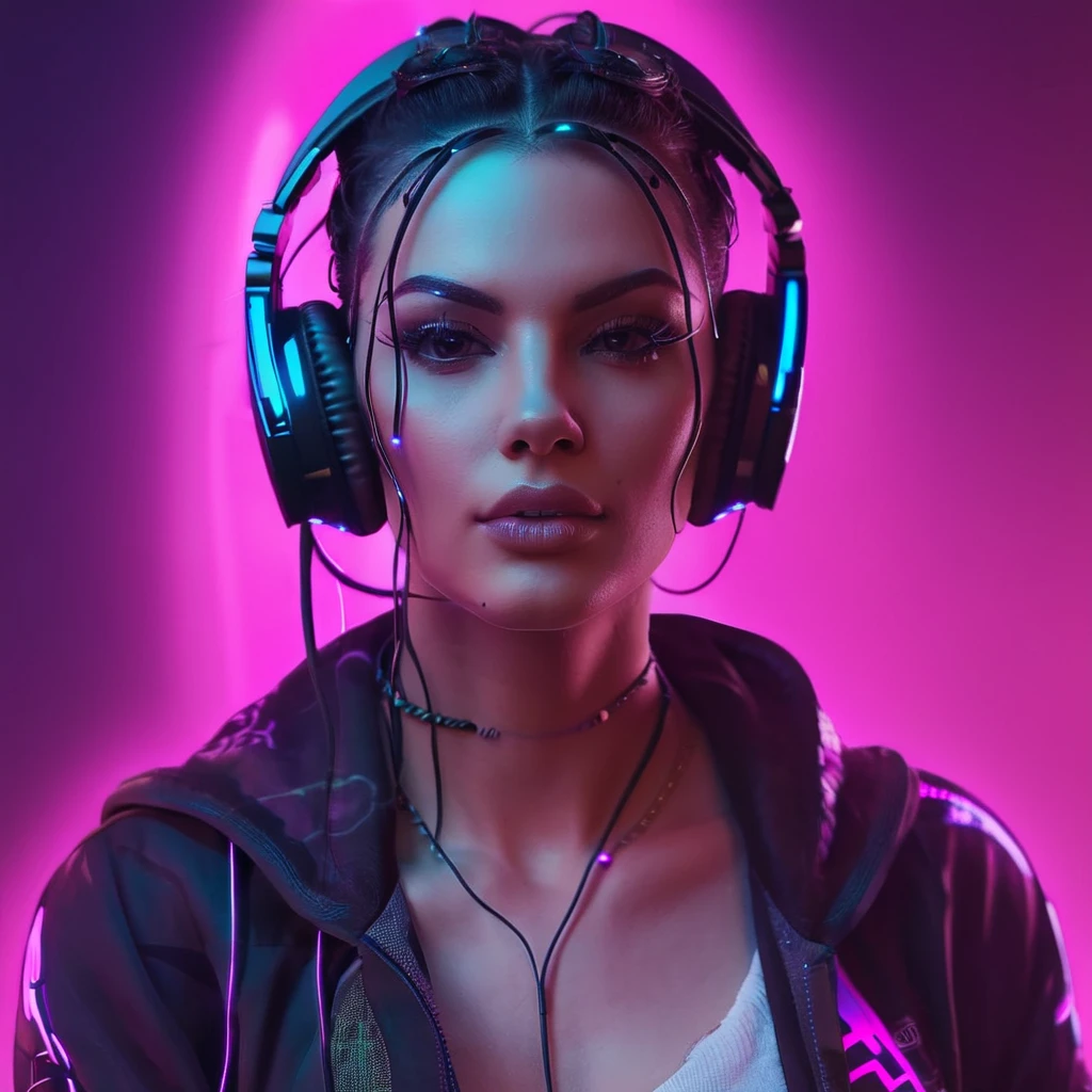 Create me a logo, A woman with headphones, wonderful sexy face and a connection to music. cyberpunk, neon, dreamy, sexy. ultra realisic