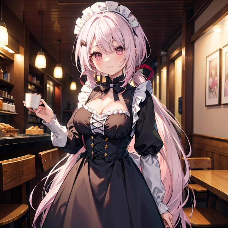 (( top quality )), ((masterpiece)), (  Details), ( super high res)、aayuika、
 very long hair 、 gradation hair、 pink hair、Gray Hair、 low ponytail 、 hair bow、hair clip、 Big Breasts 、 cleavage、
 perfect face、Perfect Hair、超 Detailsな瞳、超 Detailsな肌、
( Black Victorian Maid Outfit、 headdress)
whole body、 standing、( cowboy shots 1 and 3)、
 smile with closed mouth、
 coffee shop、 professional lighting、