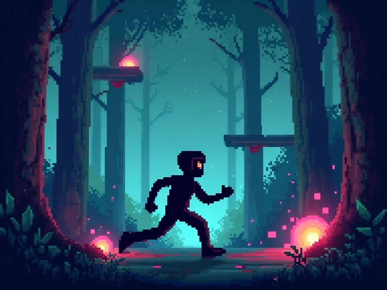 (masterpiece, best quality:1.2), pixel art style, retro video game, GBA, 2d sideways view of an 8-bit retro-futuristic man running to the right with video game obstacles through a dark forest,