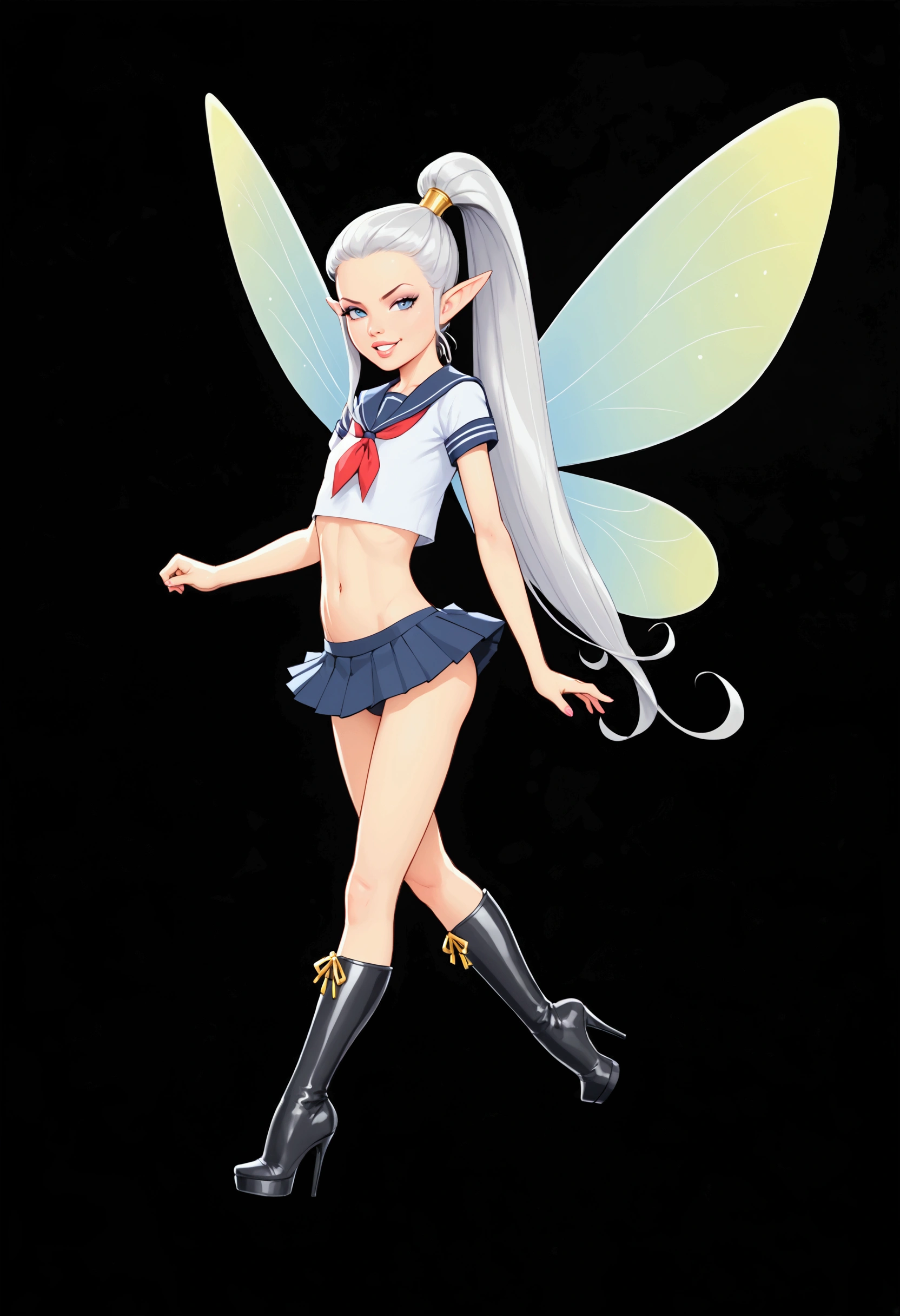 fairy, centered 1girl, solo female, lone, skinny, confidence, smug, seductive, mean, confident, arrogant, flying, full body, open mouth, parted lips, clenched teeth, young, silver hair, long ponytail hair, flat chest, school uniform, gold jewelry, underwear, magical fairy wings, white background, empty background, simple background, looking at viewer, perfection, (petite:1.2), thin, high heeled black boots, babe, bimbo, masterpiece, high quality, 8k,