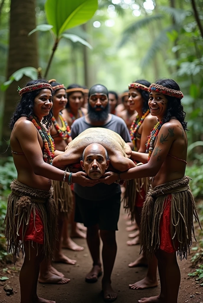 a group of people in a forest, probably from an indigenous tribe, engaged in a ritual or ceremony. In the center, there is a mummified, skeletal figure covered in a brown substance, possibly clay or mud, and dressed in traditional straw clothing. The mummy is tied to a wooden structure, which appears to function as a chair. Around it, four men in tribal costumes made of natural fibers are positioned, adjusting the figure or helping to keep it in place. A younger boy also observes the scene, dressed similarly. The dense vegetation and simple buildings in the background suggest the image was captured in a remote, traditional area, possibly Papua New Guinea.