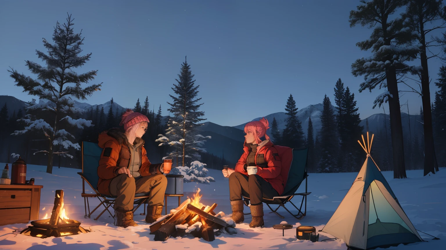 "A tranquil winter camping scene atop a snowy mountain, evoking a serene and adventurous mood. A woman with blonde-pink hair tied in a sleek ponytail is sitting near a modern campfire with a warm, flickering glow, surrounded by advanced yet nature-inspired camping gear. She wears a long brown tank top layered with a cozy winter jacket and rugged cargo pants, suitable for the snowy conditions. The tent, designed with contemporary technology, is partially open, revealing a snug interior with minimalistic yet stylish winter camping essentials. Snowflakes gently fall, blanketing the surrounding evergreen trees and creating a glistening, frosty landscape under the soft twilight sky. The atmosphere is both peaceful and magical, highlighting her connection with nature in the heart of winter."
