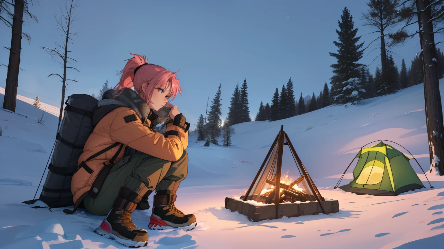 "A tranquil winter camping scene atop a snowy mountain, evoking a serene and adventurous mood. A woman with blonde-pink hair tied in a sleek ponytail is sitting near a modern campfire with a warm, flickering glow, surrounded by advanced yet nature-inspired camping gear. She wears a long brown tank top layered with a cozy winter jacket and rugged cargo pants, suitable for the snowy conditions. The tent, designed with contemporary technology, is partially open, revealing a snug interior with minimalistic yet stylish winter camping essentials. Snowflakes gently fall, blanketing the surrounding evergreen trees and creating a glistening, frosty landscape under the soft twilight sky. The atmosphere is both peaceful and magical, highlighting her connection with nature in the heart of winter."
