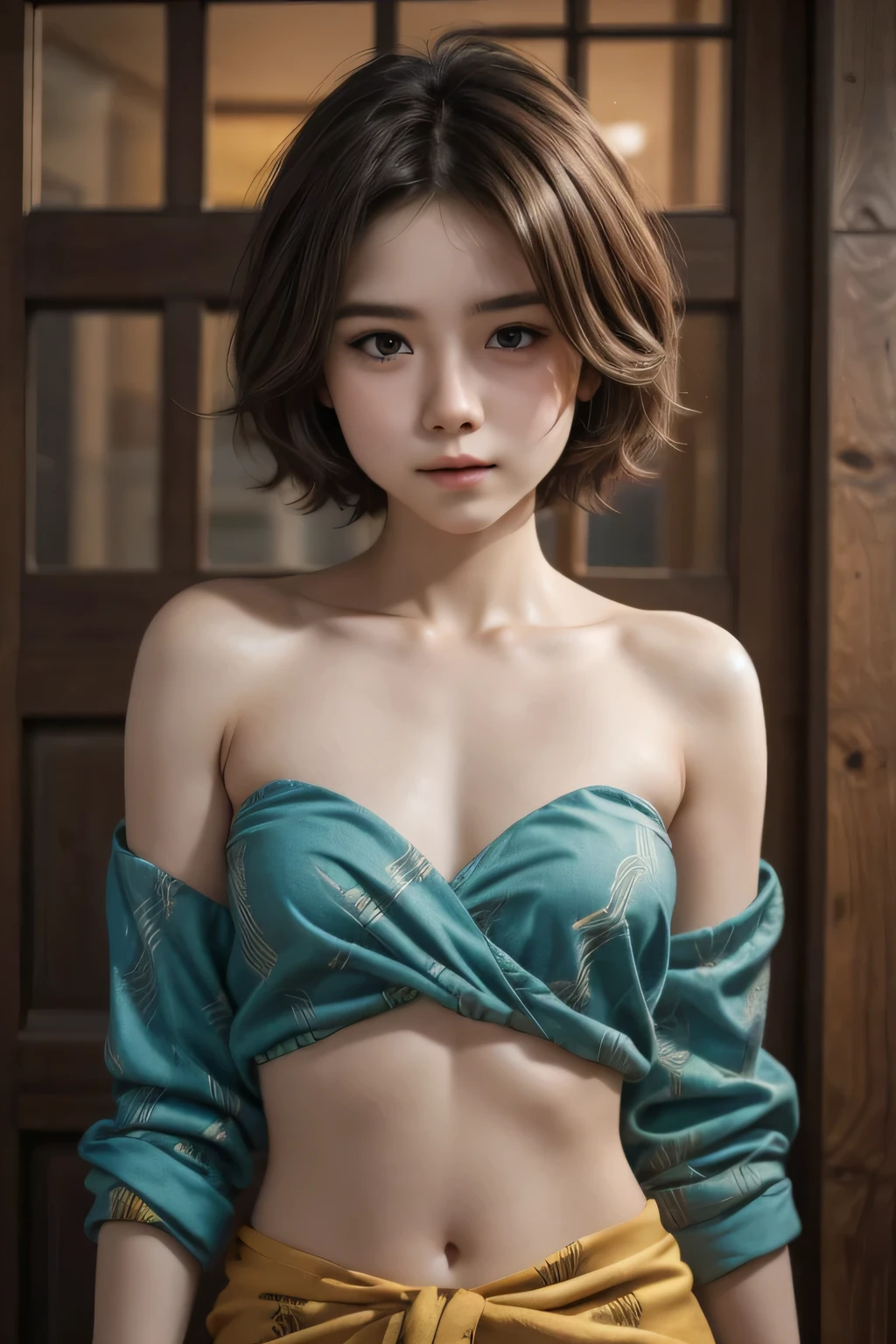 kecil Femboy berambut very  Shorthaircut bogel, half body portrait. Highly detailed quality, naked flat breasts. thick (nipples thick:0.050), kain batik sarong & strapless bra, (Chubby:1.015)