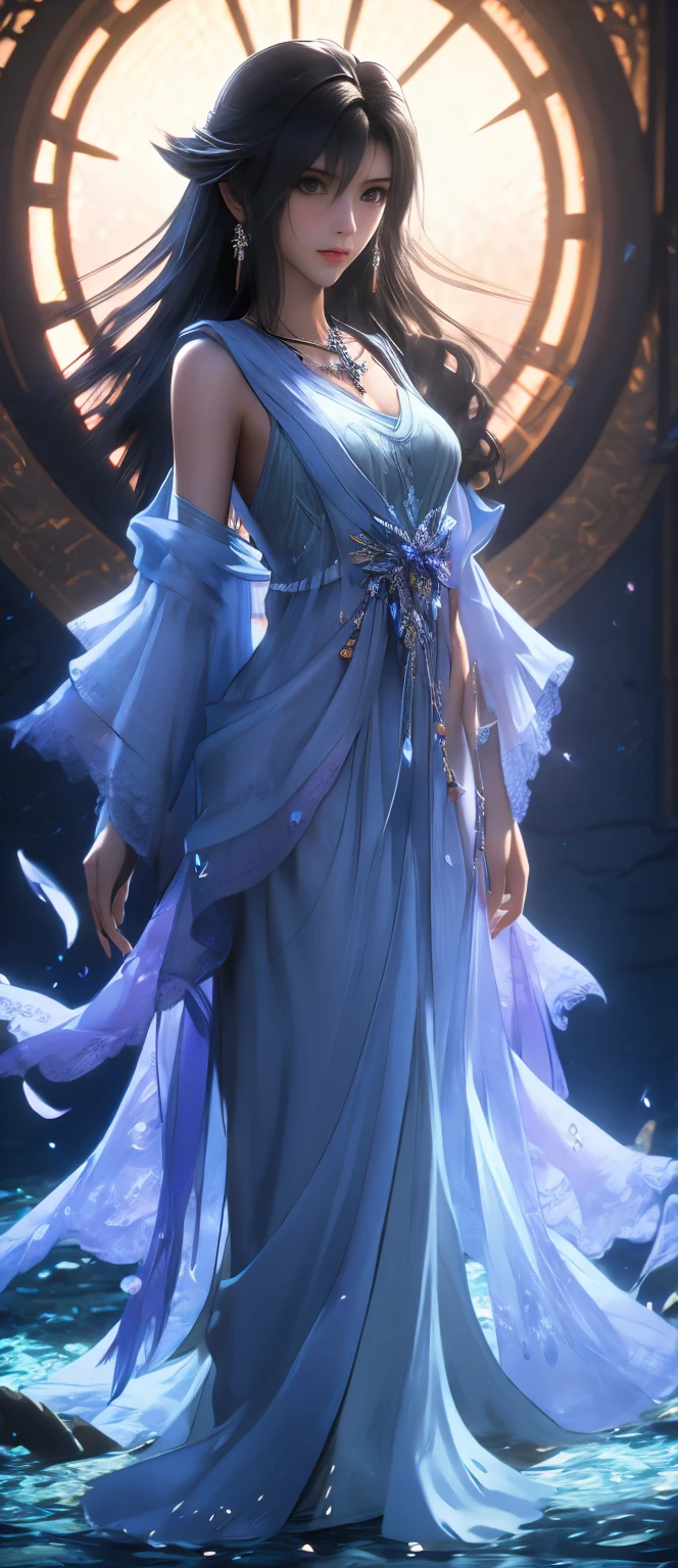 Final Fantasy XVI style, realistic, fantasy, 3d games, full body shot, slightly angled, white background, Final Fantasy character, a princess named Luna, long flowing black hair with loose strands, deep blue eyes, delicate features, fair skin, serene expression, elegant royal gown in the colors of the sea (shimmering silks, embroidered details, delicate lace accents at the shoulders and neckline), decorated with seashells and precious stones, black pearl necklace, subtle hints of skin showing at the shoulders and upper back, underwater ruins with coral reefs and sunbeams filtering through the water, soft lighting, cinematic lighting, Final Fantasy character design, Tetsuya Nomura style, fine details, high quality, 8k.