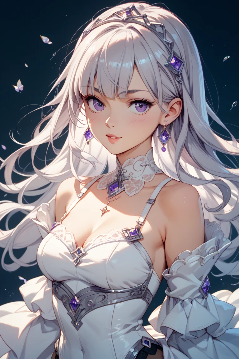 purple eyes, (highest quality, masterpiece painting:1.3), immature woman, 16 years old, (half body shot), masterpiece, ultra high resolution, (Photoreal:1.0), white short hair, straight hair, beautiful shining hair, white and shining skin, ((Ultra realistic details)), octane rendering, highly detailed face, (big breasts:0.8), She wears stunning costumes inspired by Belle Époque style, flowing gold dress decorated with lace and ribbons, (clothing: gold belle époque dress with lace and ribbons),cleavage, perfect body, soft skin, anime face, perfect face, perfect eyes, looking at the viewer, smart, snow scene, ((snow falling)), ((fantastic night)), ((outdoors)), sharp focus, intricate details, professional artwork, (bright colors:1.1), bright colors, diffused lighting, digital blending, ultra-definition body, ultra detail hair, super detailed face, that'It's trending on pixiv, top button open, Cute gaze, compensate, perfect lips, perfect compensate, Ultra-precision coating, (light_smile:0.8), (Very embarrassed:1.2), blush your nose,