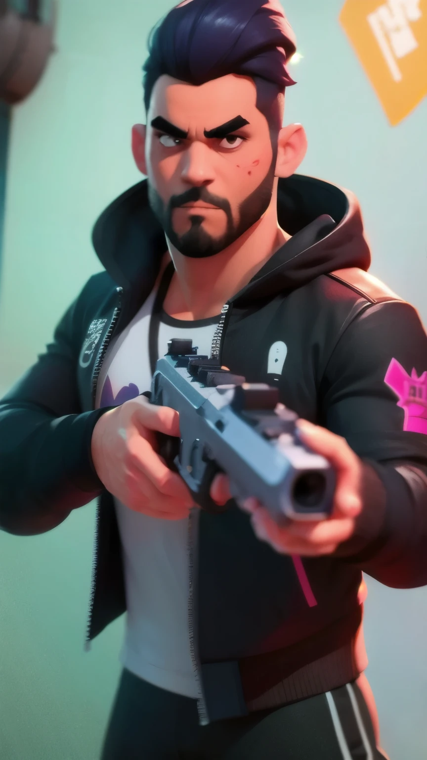 a close up of a person holding a gun and a flashlight, ((a strong guy hearing a black jacket)) , brawl stars, splash art brawlstars, epic art style, blaster fire bright as neon, game character, in game style 8k, merged character, fortnite art style, stylized character, holding a blaster, slick clammy skin, clash royal style characters, mobile game style, new character