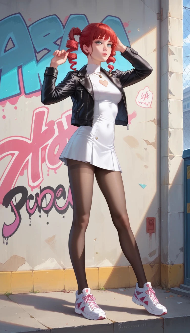 Youthful, **-*****-***, 16K resolution, Ultra High Definition, wearing a tight mini dress, pantyhose, sneakers, over-the-knee style, with a cool look, graffiti background, perfect body, perfect face, perfect hands, perfect legs, beautiful, detailed, anatomically accurate, realistic, authentic, dynamic pose, leather jacket, make-up, boyfriend, nerdy appearance, red hair, curly, drill style, long