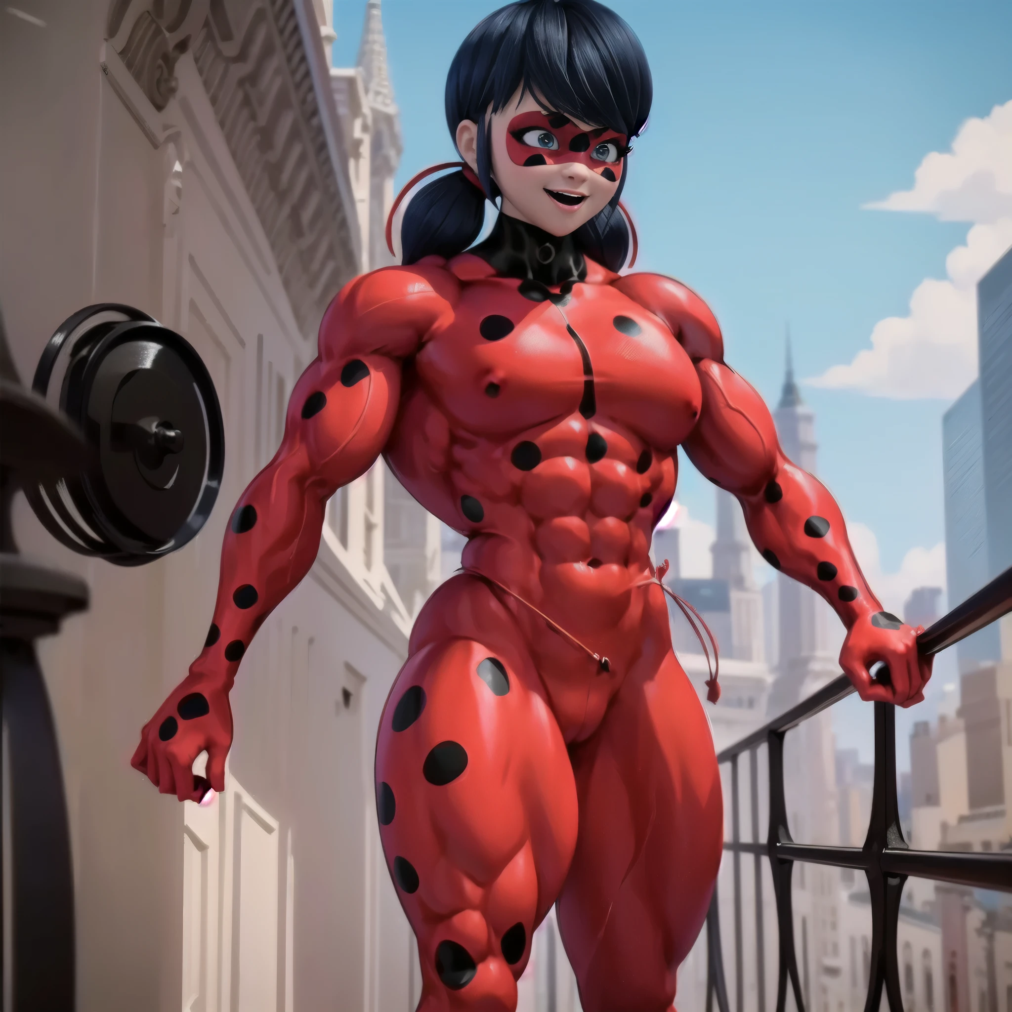 (big muscular female bodybuilder, beautiful detailed eyes, beautiful detailed lips:1.1,strong physique, two short pigtails,from brhind,big ass,(a bright red mask with five black spots that are in a symmetrical design around her eyes, a luminous vivid red superhero jumpsuit with a black turtleneck collar and black spotuscle(ladybug costume,ladybug outfit,ladybug costume,red and black mask),(muscle are visible in clothes)),(((((1 girl))))),((((((muscular)))))), tall, pale skin, (leotard), (solo), ((((from behind, big ass)))), lifting weight, muscular arms and legs:1.2, toned abs, powerful expression,sweating:1.1, bed background:0.9, intense focus:1.1, vibrant colors, dramatic lighting),rippling muscles,sturdy frame,dark tan,fit around the waist,tight abs,strong arms and shoulders,intense expression,determined look,well-defined muscles and veins,straining muscles,artistic pose,steely gaze,side lighting,powerful presence,vivid colors,dynamic composition,studio lighting,physically-based rendering,athletic build,bodybuilding silhouette,professional,gritty texture,bokeh.