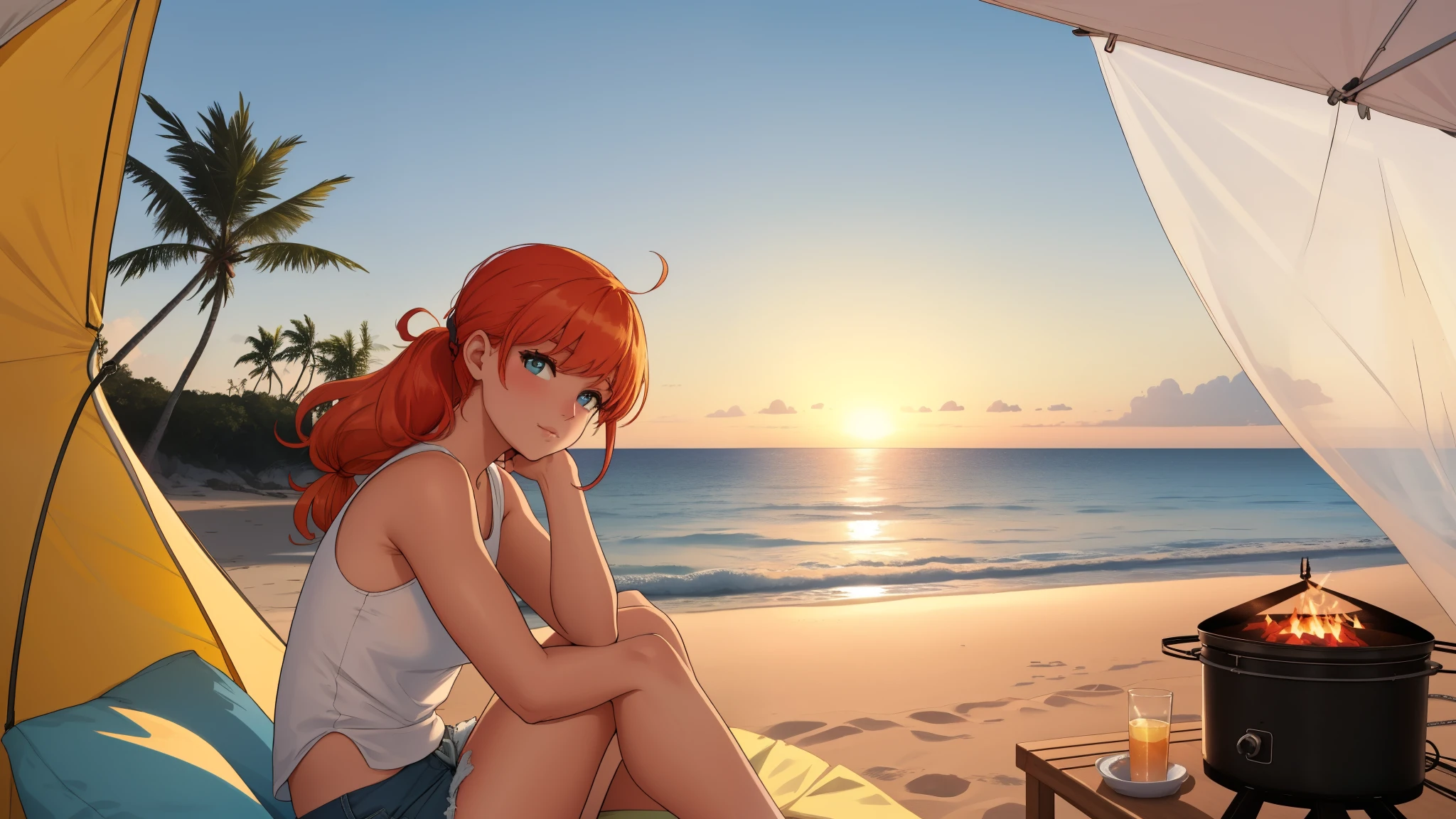 "A serene beach camping scene set against the backdrop of soft, white sand and a sparkling blue ocean. Gentle waves lap at the shore, their rhythmic motion harmonizing with the tranquil atmosphere. A young woman with blonde-red hair tied in a sleek ponytail sits near a glowing modern campfire, its warmth contrasting with the cool ocean breeze. She wears a simple white tank top and denim shorts, embodying a relaxed and carefree vibe. Around her, minimalist camping gear is neatly arranged, and an open tent frames the stunning seaside view. In the background, tall palm trees sway gently, while the golden sunlight reflects off the water, casting a magical glow over the scene. This idyllic setting captures the perfect balance between adventure and the calming embrace of nature on a pristine beach."