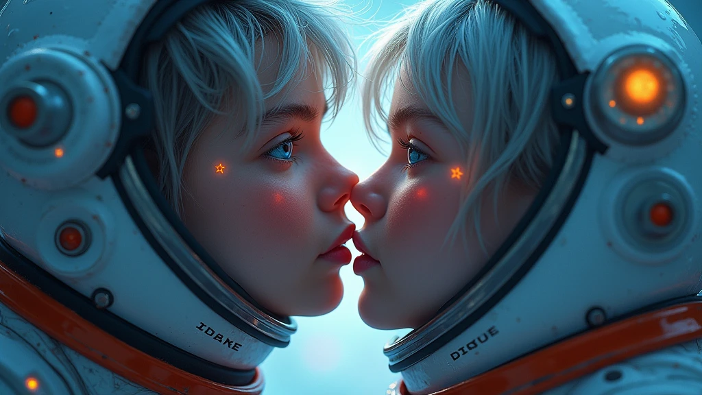 Masterpiece, Best quality, romantic photograph with loving composition of two gorgeous female astronauts kissing in zero gravity, floating hair, in space, planet earth can be seen in the background
