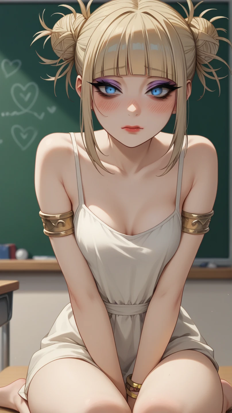 1woman, pretty face, gorgeous blue eyes, braided mid-length hair, buns, shy, Himiko Toga, loose white sleeveless lowcut sweetheart dress, shoulders out, arms out, sexy thighs out, shy blushing, blonde adult, 30-years old woman, humble face, shy expression, has a crush on you, small breasts, golden bracelets, cute naked feet, sleek golden armlets, pale matte lipstick, matte smoky dark purple eyeshadow, black eyeliner, eyelashes, delicate body, delicate frame, perfect skin, perfect complexion, matte make-up, colorful classroom background, (from below:0.3)